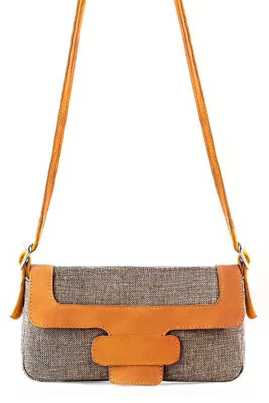 Tan beige and apricot orange women's dress handbag, matching pumps and belts. Top view - Florence KOOIJMAN